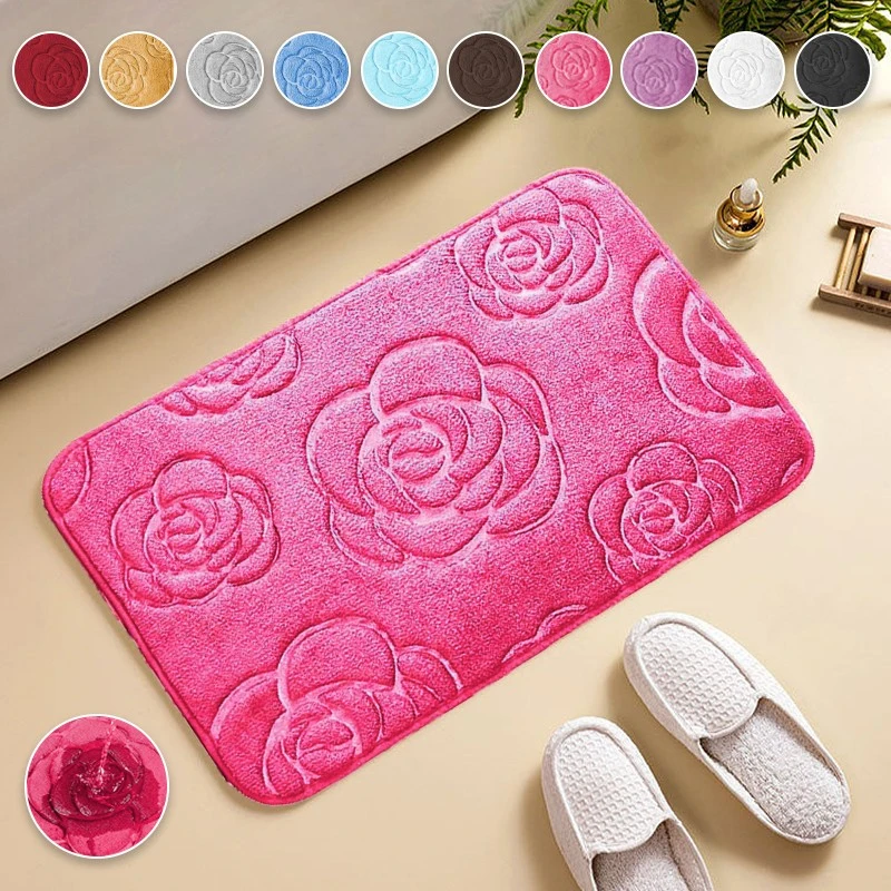 Rose Coral Fleece Bath Floor Mat Soft Absorbent Machine Washable Carpet Shower Doormat Bathroom Rug Quick Dry Non-Slip Area Mat