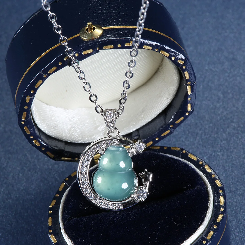 Natural A Product Blue Water Jadeite Gourd Fulu Pendant S925 Silver and White Gold Fine Inlaid Accessory Necklace