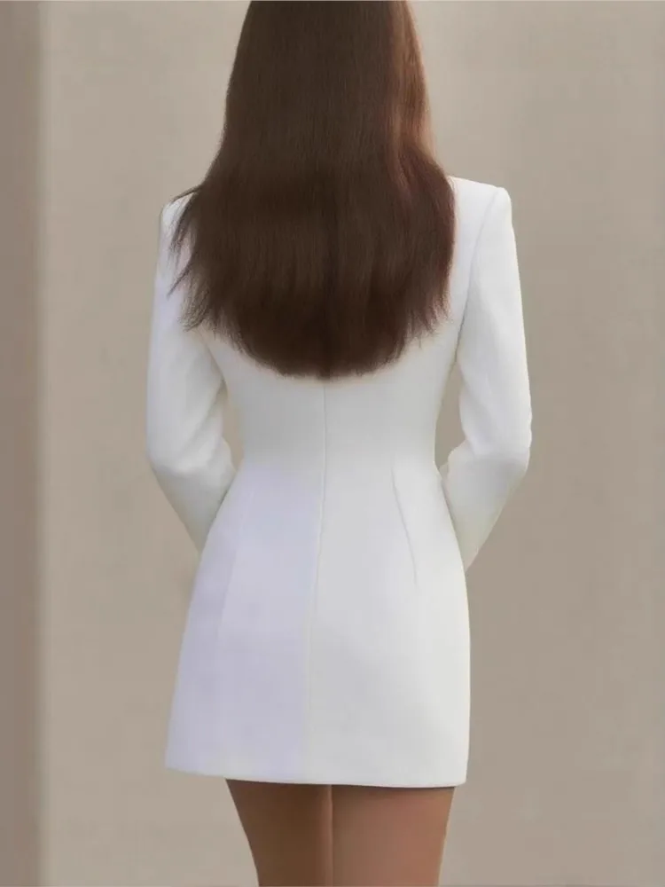 Autumn Solid Color Long-sleeved Wooden Ear Suit Jacket Skirt Two-piece Set Women's Slim V-neck Single Button Elegant Dress Set