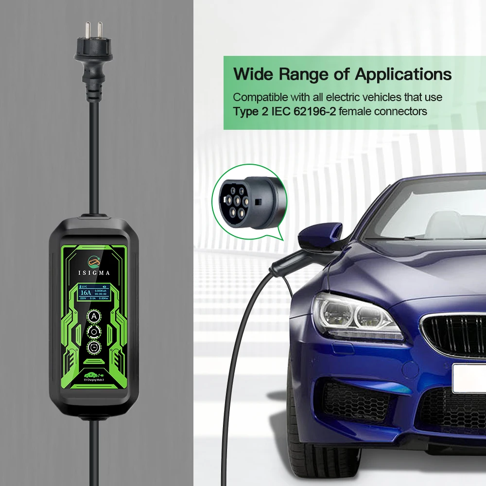 ISIGMA Portable EV Charger 3.6KW Type2 SAE J1772 EVSE Fast Charging Cable 16A GB/T EU Plug Type2 IEC Wallbox for Electric Car