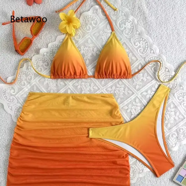 Women's Gradient Orange Yellow Bikini Set with Flower Detail Halter Top and Ruched Skirted Bottoms Three Piece Swimsuit