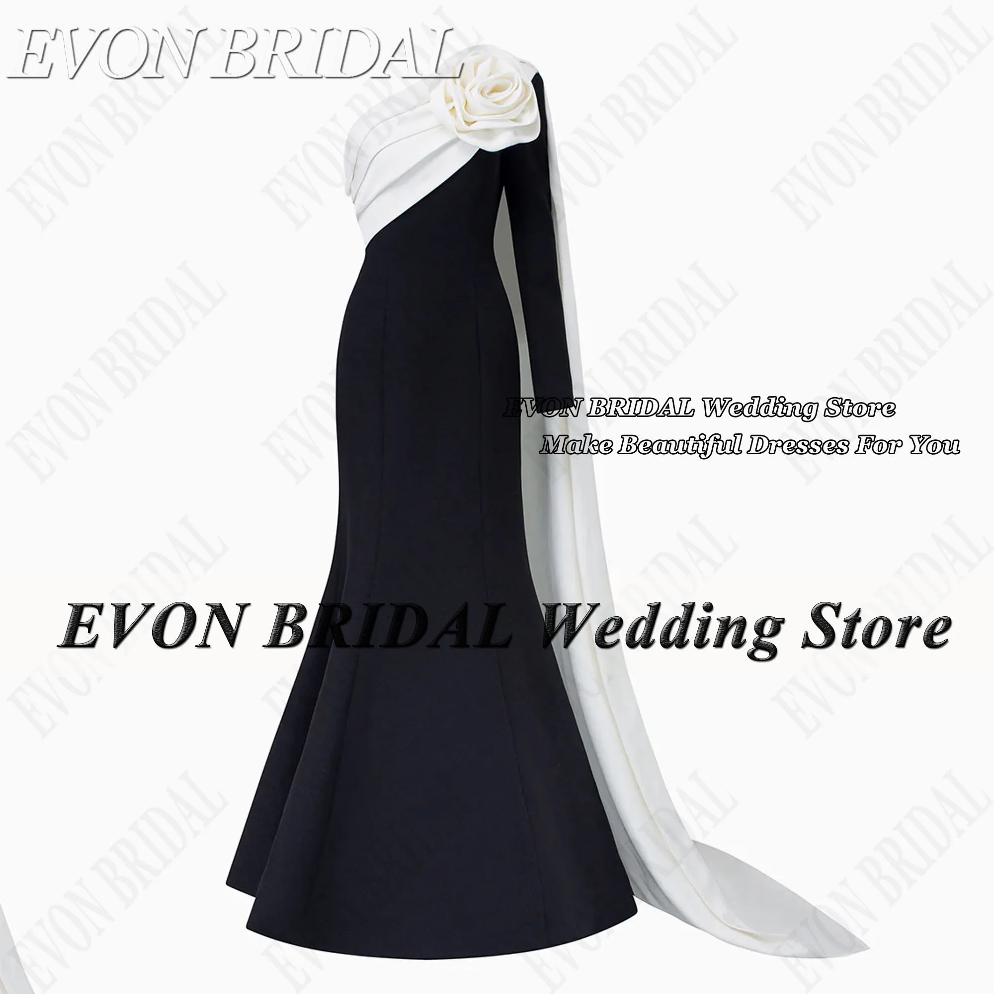 EVON BRIDAL Black And White Evening Dress Long Sleeves 3D Flowers Mermaid Prom Gowns Contrast Color Satin V-Neck Saudi Women