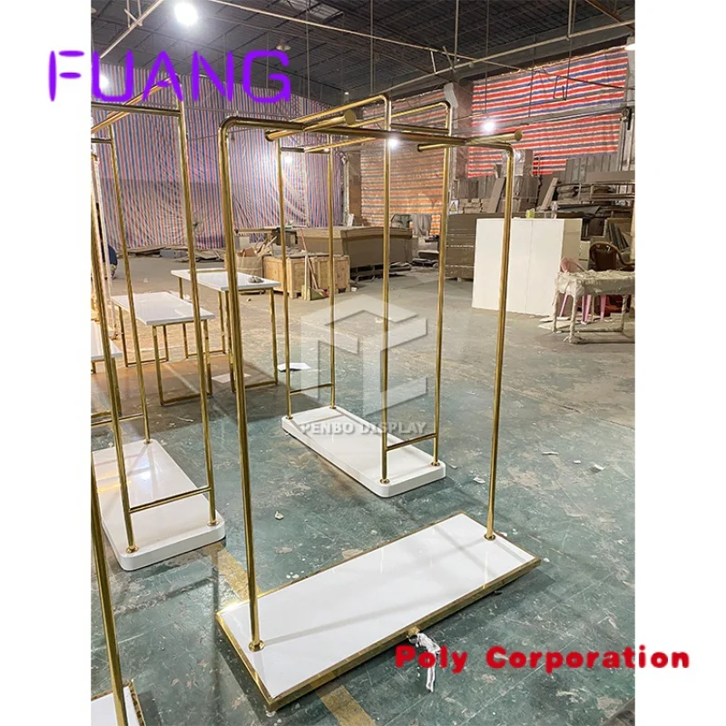 Custom  Modern Style Golden Stainless Steel Garment Clothing Display Racks Standing For Clothes Store