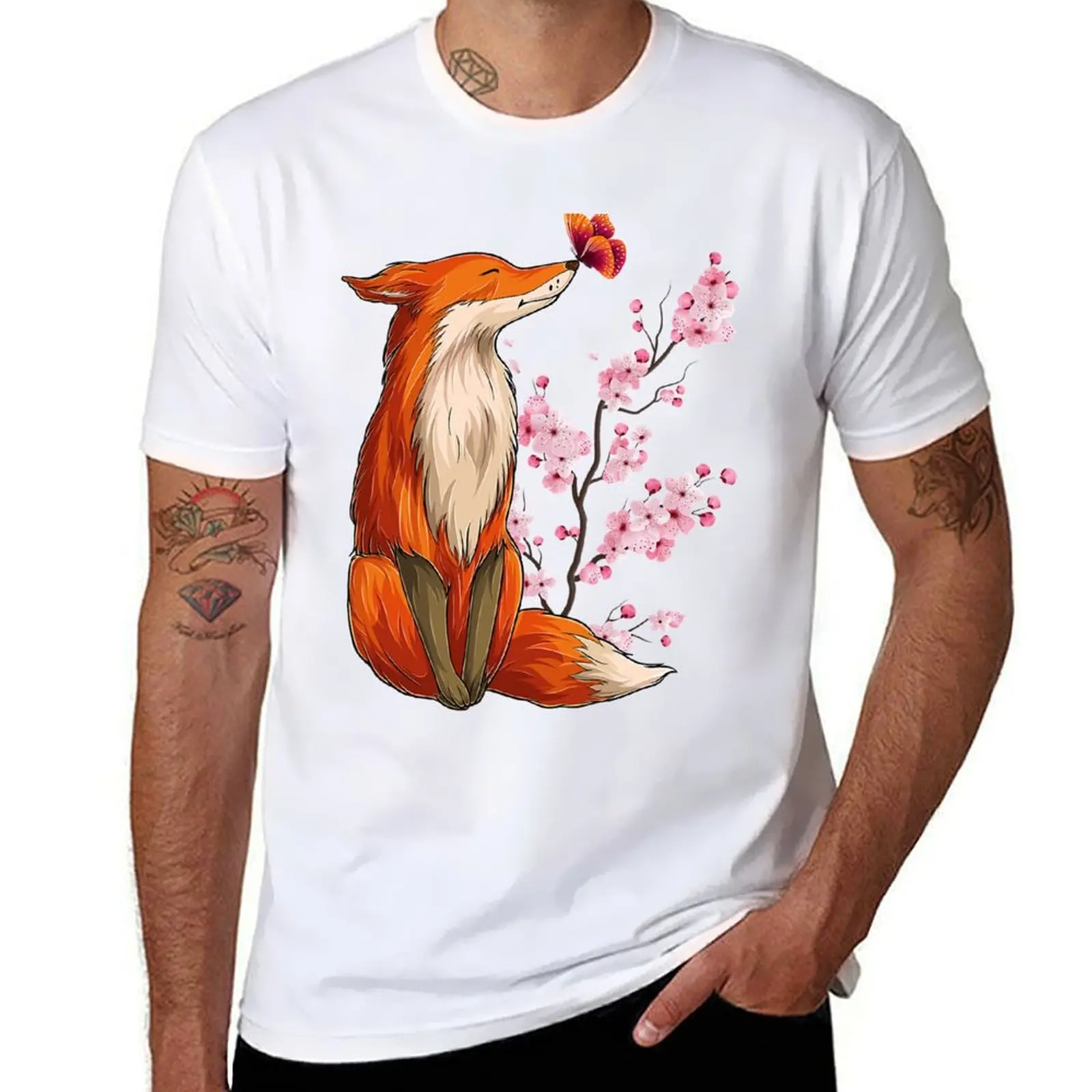 

Japanese Fox Cherry blossom Flower sakura trees Kawaii T-Shirt t shirt man designer man t shirt cotton T-Shirt