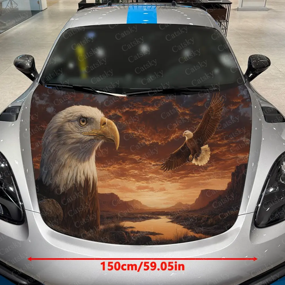 Dominant Eagle Postures and Magnificent Sunset Glow Car Vinyl Wrap, PVC Material Waterproof Car Hood Sticker, Self-Adhesive Scra