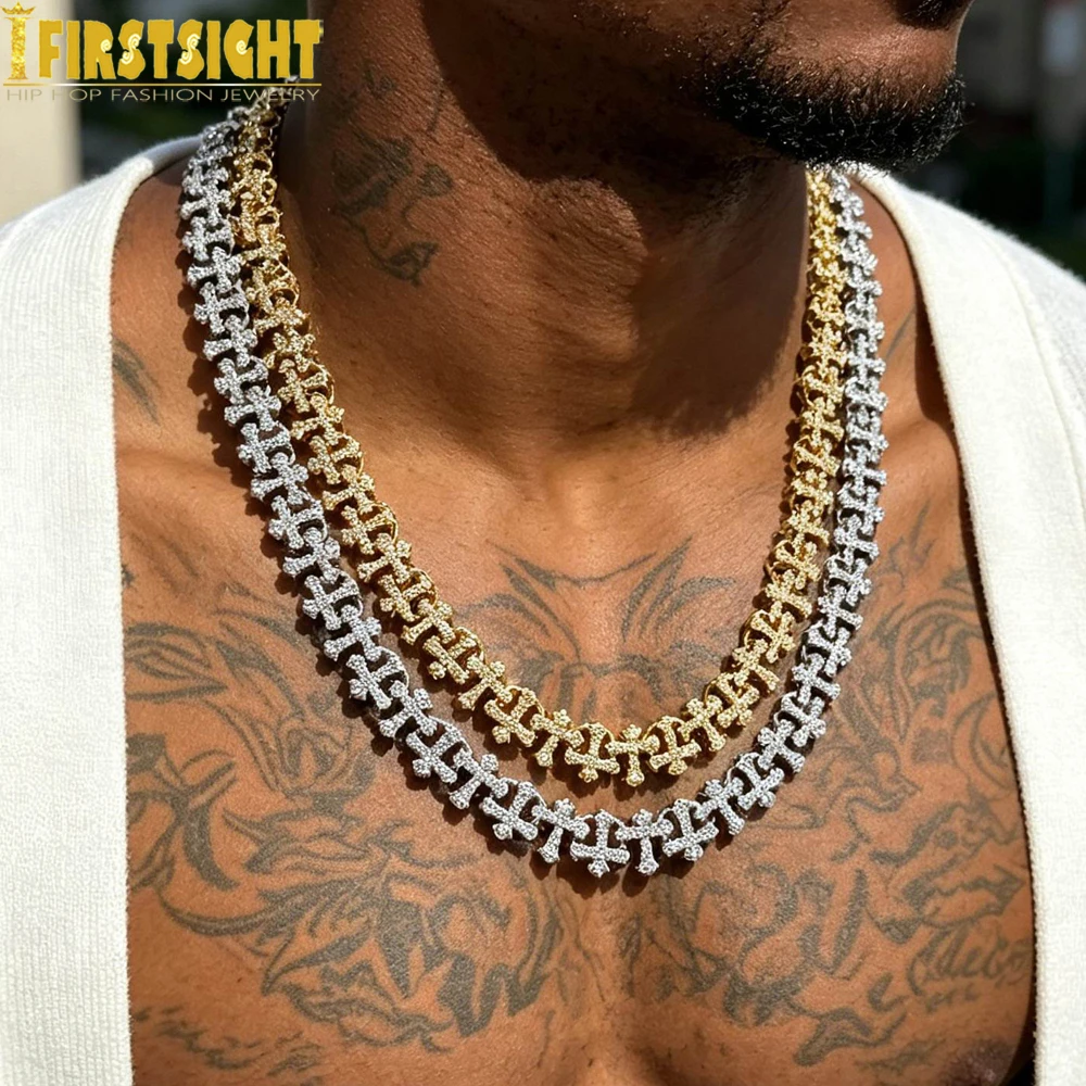 2026 Neue Iced Out Kreuz-Halskette für Herren und Damen – Bling Cubic Zirconia Asymmetrischer Kreuz-Anhänger mit Cuban Chain – Hip Hop Schmuck