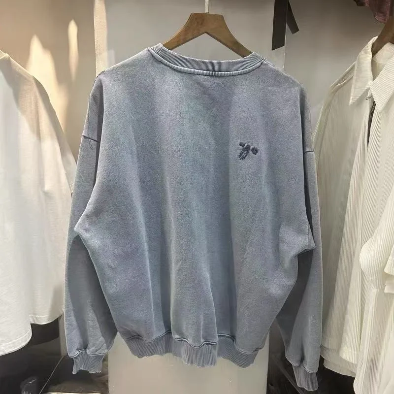 Premium Quality Men Women Minimalist Embroidered Sweatshirt Vintage Washed Blue Heavyweight 100% Cotton Pullover Crewneck Hoodie