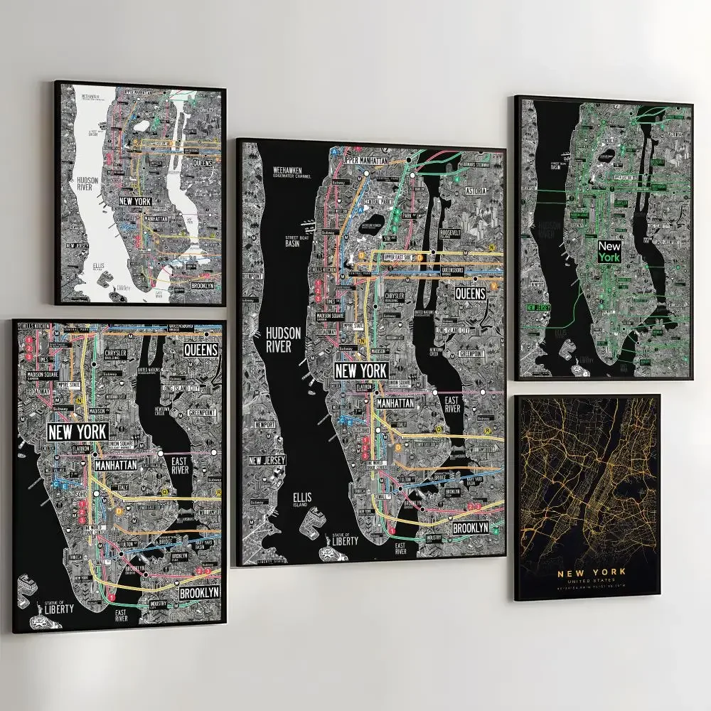 Subway Maps New York City Painting Calligraphy Self Adhesive Wall Art Waterproof Print For Bedroom Hallway Home Decor