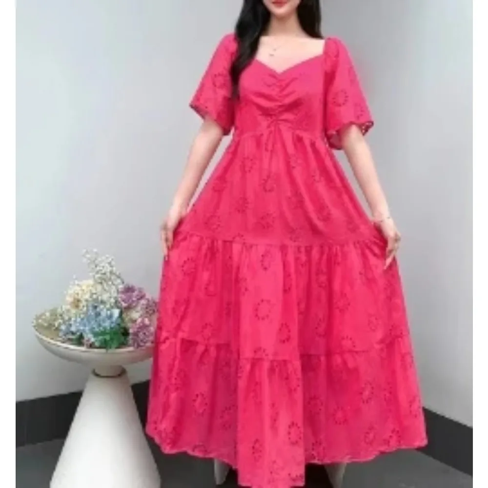 Vintage V-Neck Basics Short Sleeve Chic Hook Flower Hollow Out Embroidered Dresses French Evening Women Fashion Summer Clothing