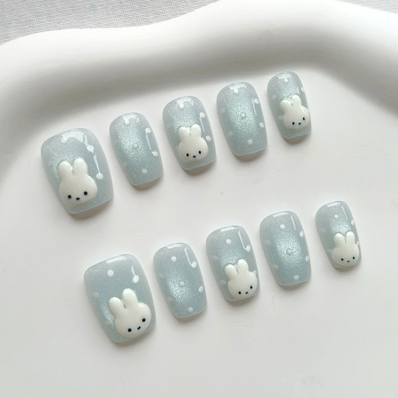 10 uñas postizas coreanas, estilo rosa y azul, lunares lindos, conejito y ojo de gato, frescas y sencillas 5