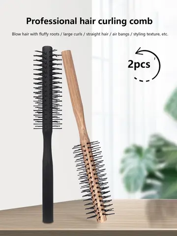 2Pcs Round Hair Roller Brush Set, Wooden Handle Curling Hair Brush, Nylon Bristle Blow‑Drying Styling Comb for Volume Bangs Curl