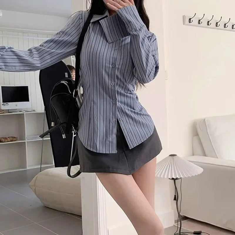 FANAN 2025 Korean New Blue Striped Long Sleeve Shirt Woman Office Buttons Jacket Women Design Waist Cinching Slimming Top Female