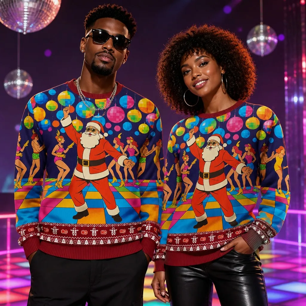 Colorful Santa Christmas Sweatshirt Men Women Funny Graphic Crew Neck Long Sleeve Winter Party Casual Pullover Costume