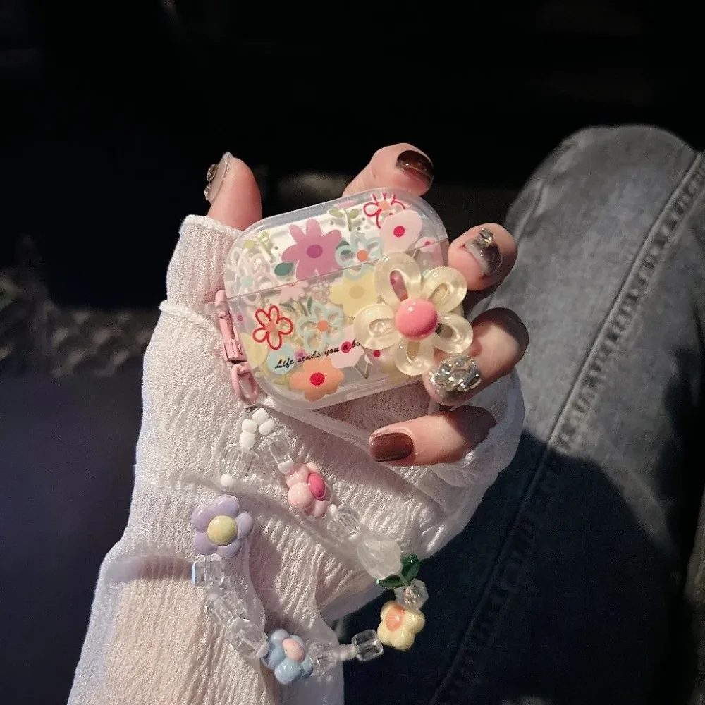 TPU素材フラワーイヤホンケース、ビーズキーホルダー付き、落下防止ヘッドホンケース、耐衝撃防塵、Airpods Pro2/1/2/3/4対応