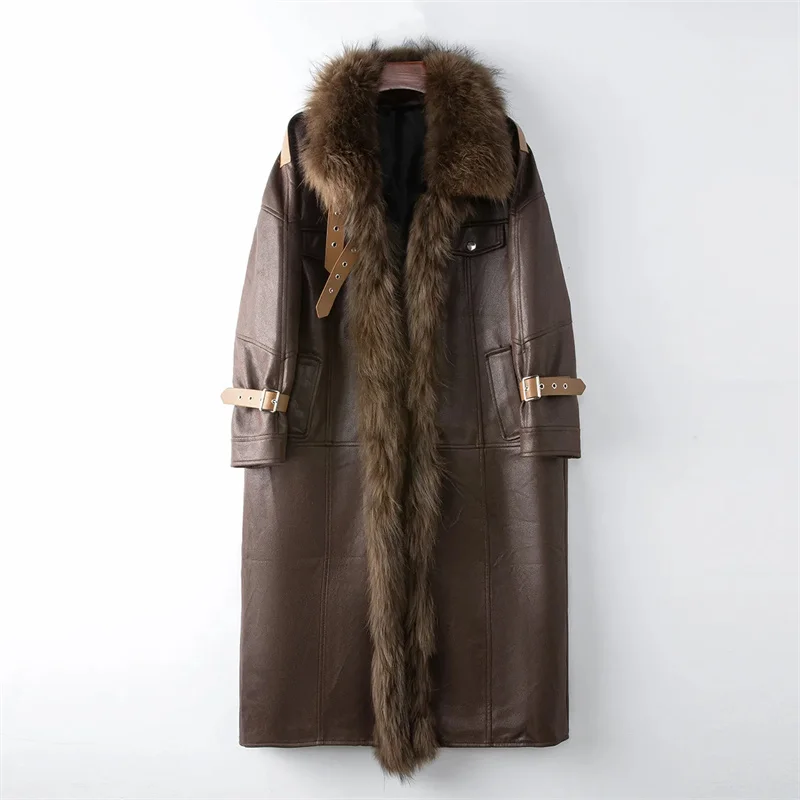 Women's Outerwear 2024 Autumn and Winter New Fashion Item Raccoon fur Collar With Goose Down Lining Long fur Coat for Women WLF