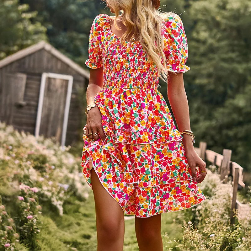 Elegant Floral Women's Summer Ruffle Mini Dress Sexy Short Sleeve Backless Flowy Boho Sundress For Beach Holiday Dresses Vestido