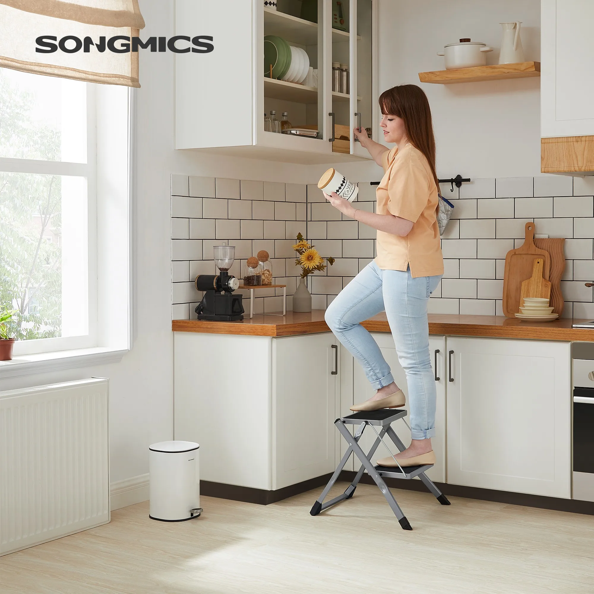 SONGMICS 2 Step Ladder, Heavy Duty Steel, Folding, Portable with Anti-Slip Mat Max. Load Capacity up to 150 kg