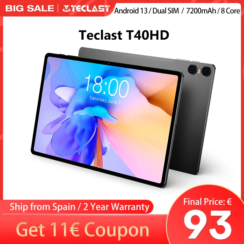 TECLAST tablet T40HD, Android 13, 10,4 inch, (8 + 8)16GB RAM, ROM 128GB, 7200mAh, fast charging, 2000x1200, UNISOC T606, 8 core, 4G network, double