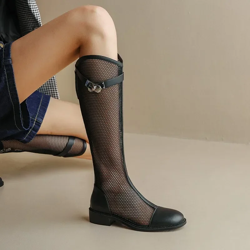 Damskie letnie buty z siateczką do kolan, damskie, oddychające, siateczkowe buty rycerskie na grubym obcasie z dziurką długie fajne buty Botas Mujer