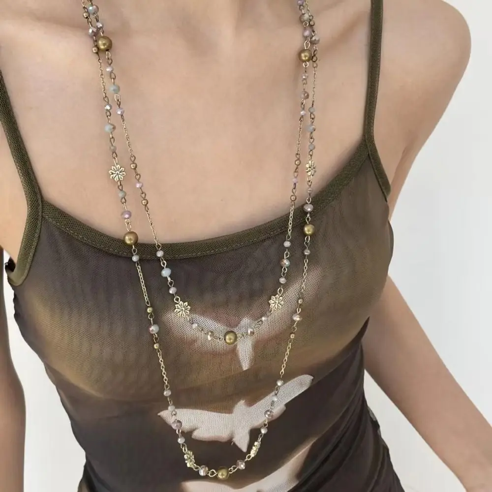 Fashion Double-layer Flower Beaded Stackable Sweater Chain Y2K Style Long Geometric