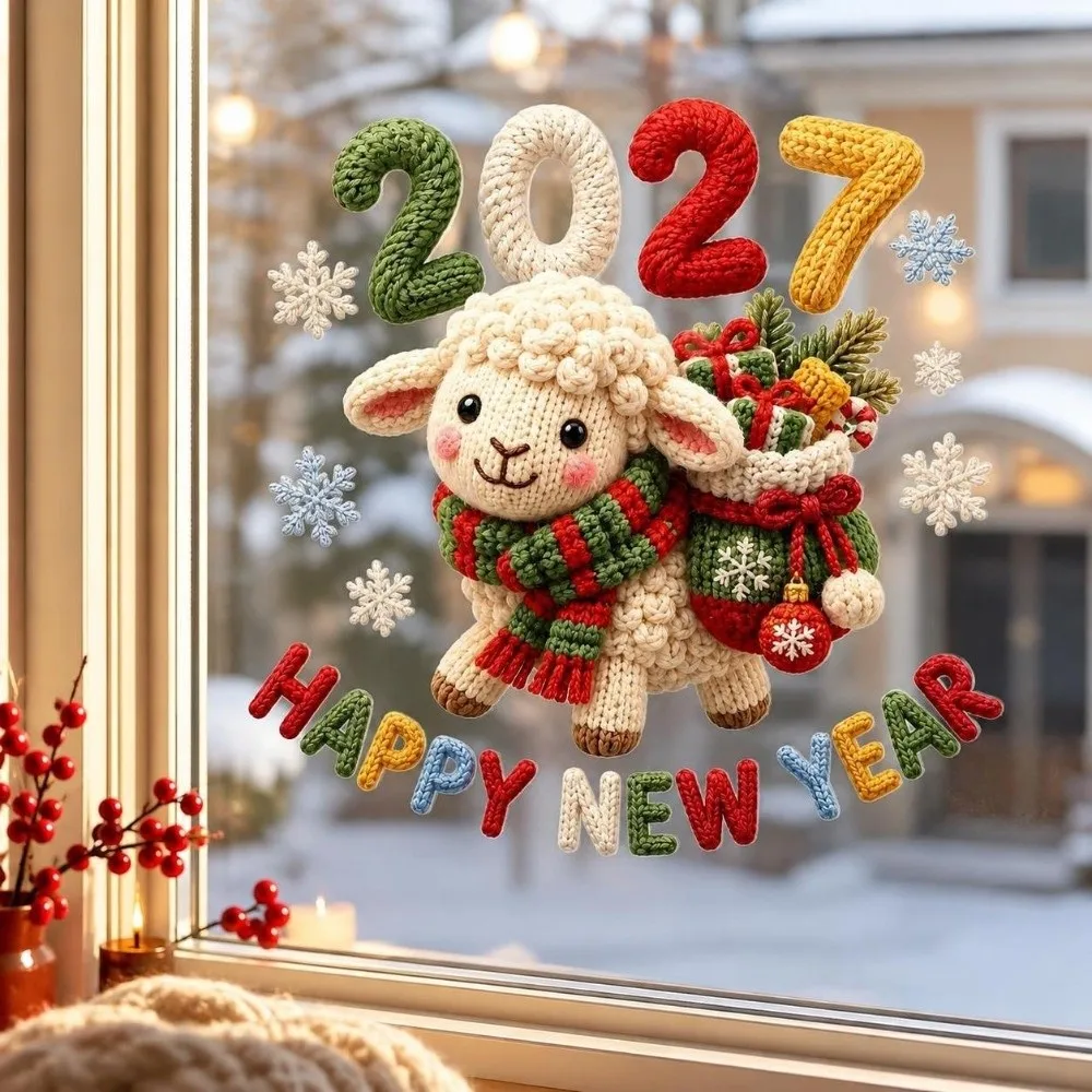 Colorful Happy New Year Window Stickers Large Size 2D Flat Print 2027 Sheep Year Stickers Transparent Waterproof