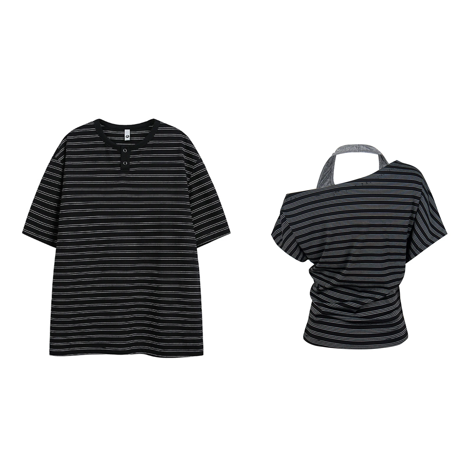 

XHHSUZ Retro Striped Henry Collar Short Sleeve T-Shirt Women Summer Loose Fit Couple Style Top Skin-friendly Breathable