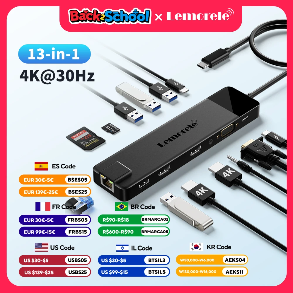 Lemorele 4K USB Hub USB C to Dual HDMI VGA Gigabit Docking Station USB 3.0 VGA Adapter SD Card Readers  for Windows MacBook Air