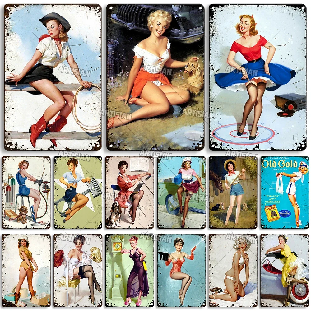 Weathered Pin Up Girl Metal Poster Vintage Metal Tin Sign Decorative Plate Home Man Cave Club Wall Decor Signs Retro Wall Plate