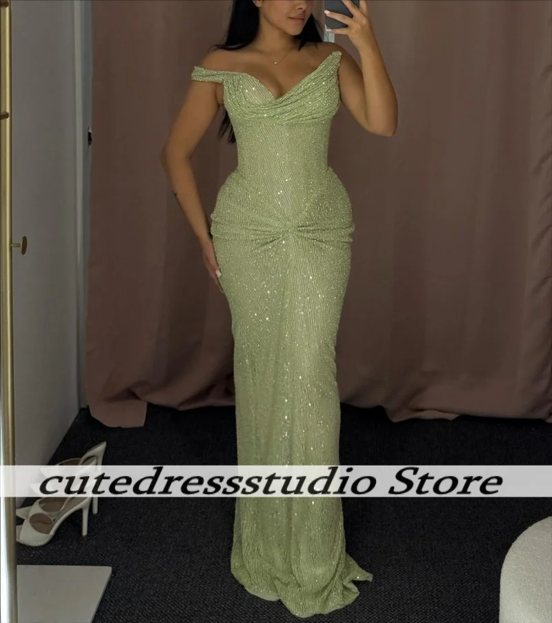 Robe de soirée formelle à paillettes vert clair pour femmes, épaules dénudées scintillantes, robes de soirée de mariage sirène, robes de bal personnalisées