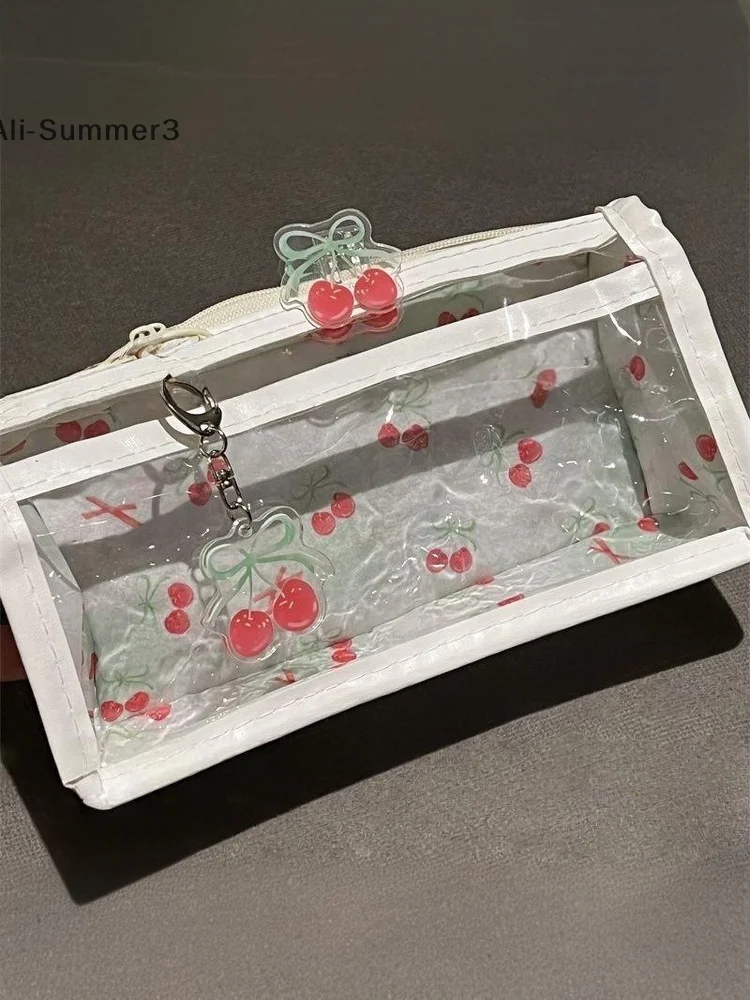 Doce cereja transparente lápis caso grande capacidade estudante papelaria zíper caneta saco material escolar saco de armazenamento de maquiagem