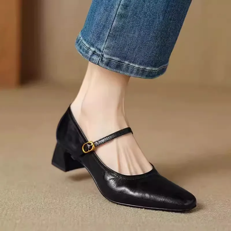 

Soft Sheepskin High Heels For Women Black 2025 Spring French Retro Square Toe Thick Heel Shallow Mouth Women Single Shoes