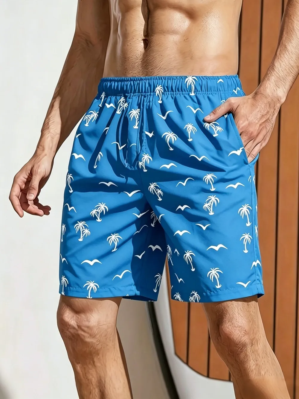 American style new men's summer seagull coconut tree print micro elastic breathable drawstring shorts outdoor casual pants