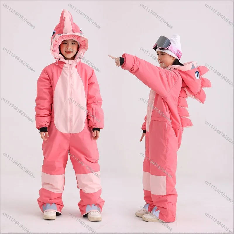 For Children One-piece Ski Suit Boys and Girls Parent-child Baby Windproof Warm Dinosaur Cartoon Ski Pants Women and Men