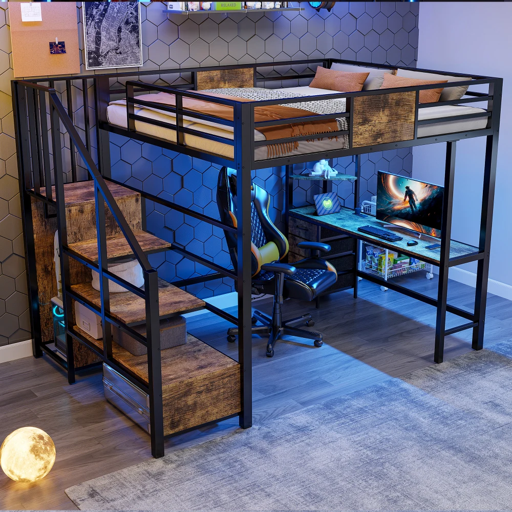 Platzsparendes 140x200cm Metall-Hochbettgestell, multifunktionales Hochbett mit integriertem Schreibtisch, Staufächern, Kleiderstange, LED-Licht und Steckdose, moderne Wohnmöbel, perfekt für kleine