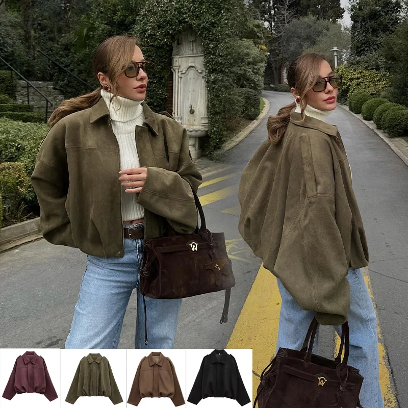 

2025 Woman High Street Long Sleeves Suede Texture Green Turn-Down Collar Jackets Spring Solid Coats Casual Loose Oversize