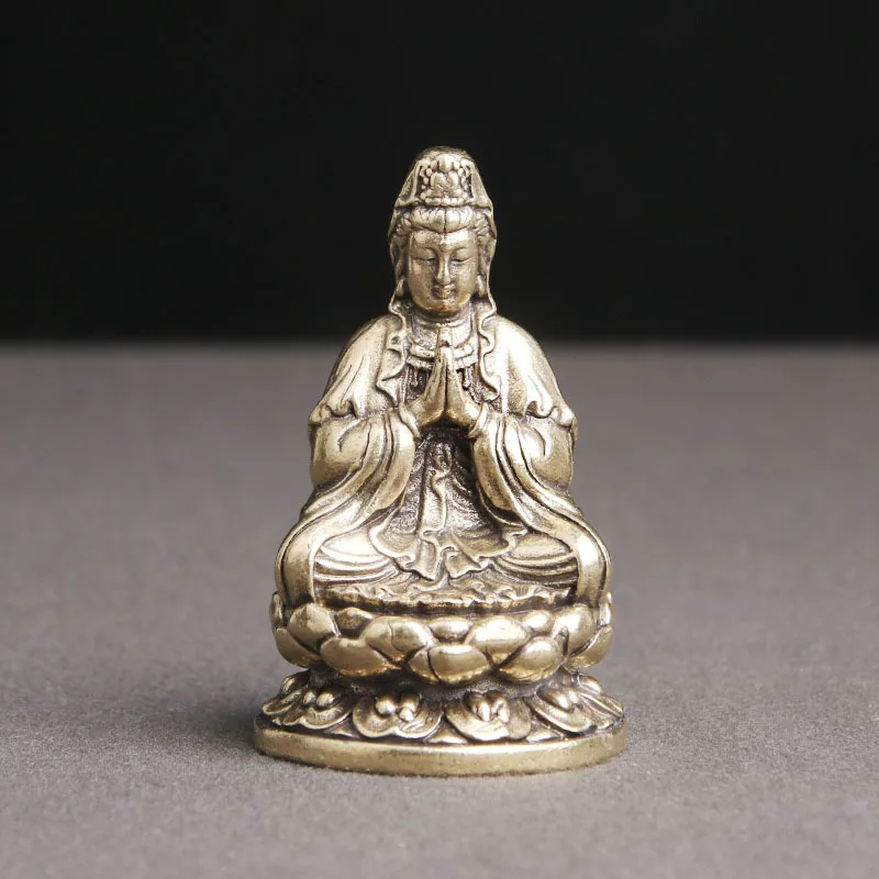 

Vintage Brass Nanhai Guanyin Bodhisattva Buddha Statue Ornament With Lotus Bottom And Clasped Hands