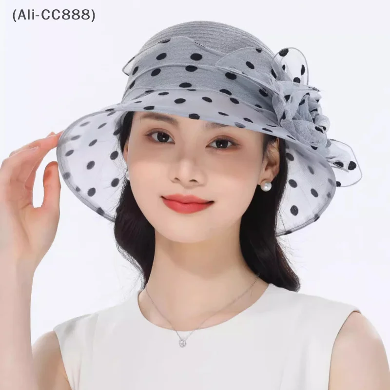 Elegant Lady Fashion Organza Summer Bucket Hat Polka Dot Flower Vacation Style Beach Sun Hat