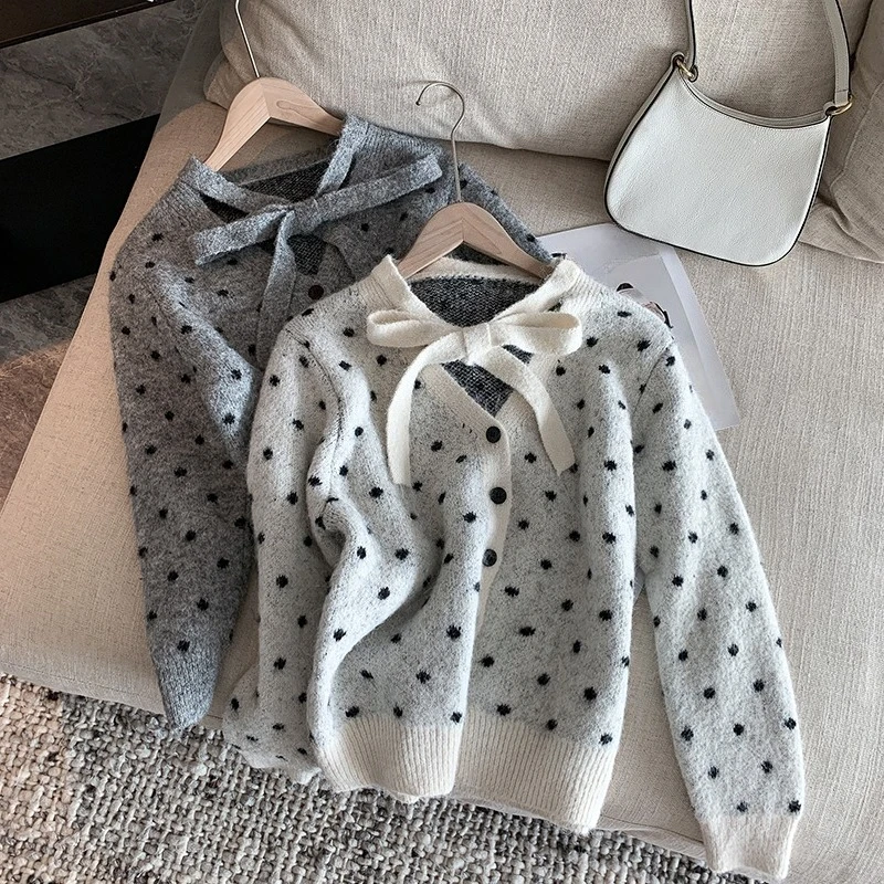 

Seoulish Autumn Winter Vintage Dots Printed Women's Cardigan 2025 Long Sleeve Casual Single Breasted V-neck Bow Sweaters Female