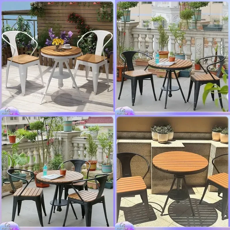 Outdoor Patio Furniture Set Waterproof Sunproof Plastic Wood Dining Table and Chairs Simple Balcony Garden Courtyard Leisure