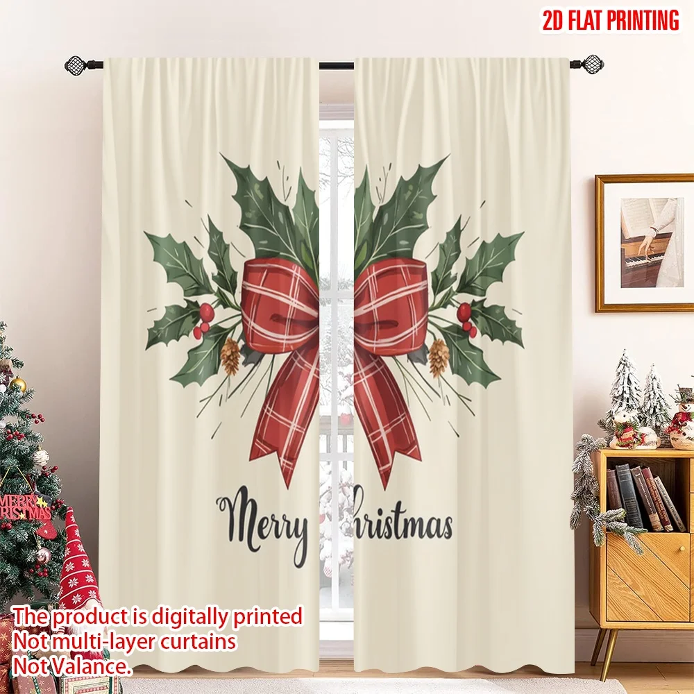 

2pcs 2D flat printing Christmas Curtains Merry Christmas Holiday Bow Polyester Without Electricity Spring Use for Holiday