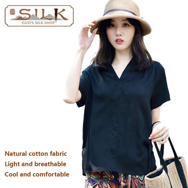 

Cotton Silk Lady's T-shirt Short-sleeved V-neck Hooded Top Casual Homewear Simple and Comfortable Cool and Breathable