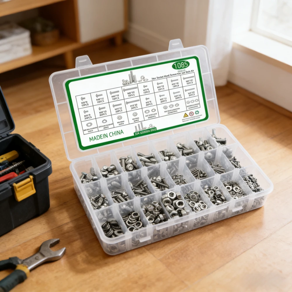 1085 Pcs screw set M3M4M5M6*8/12/16/20,Hex Hexagon Socket Button Head Screws Kit stainless steel Bolts with Nuts Washer ISO7380