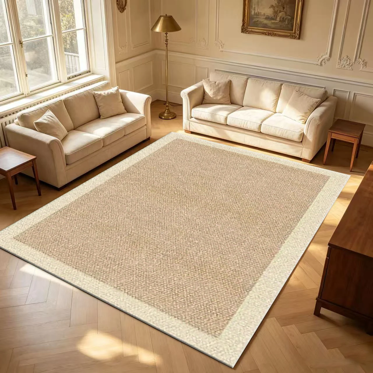 Natural Beige Jute Appearance Plain Border Carpet, Simple Solid Color, Non-Slip, Washable Floor Carpet for Indoor Entrance Decoration