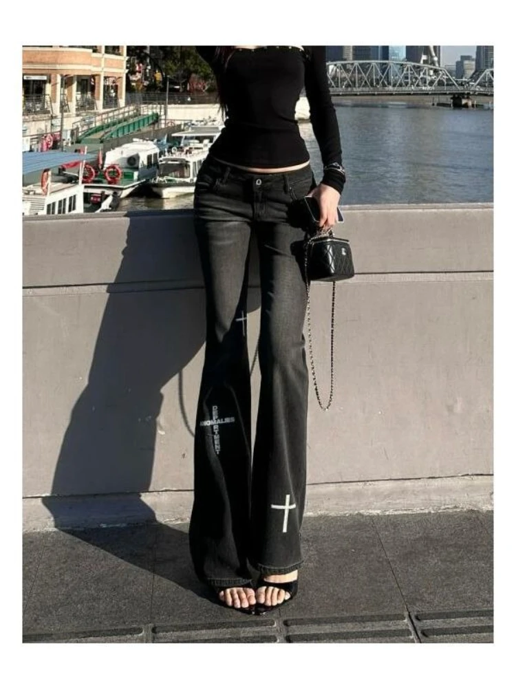 Pantalones vaqueros negros Retro Y2k de verano para mujer, pantalones ajustados de estilo Sexy con estampado bordado de Hip Hop, Pantalones rectos de cintura baja a la moda