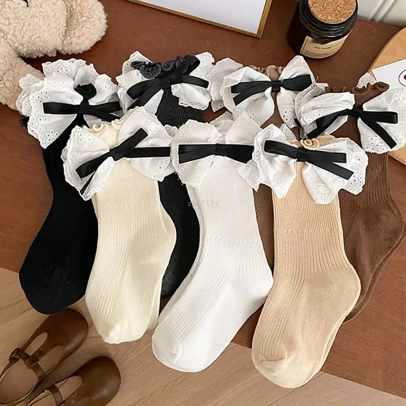 Girl Spring Autumn New Lace Bow Socks Korean Academy Style Student Children Mid Length Socken Baby Princess Kid Cotton Stockings