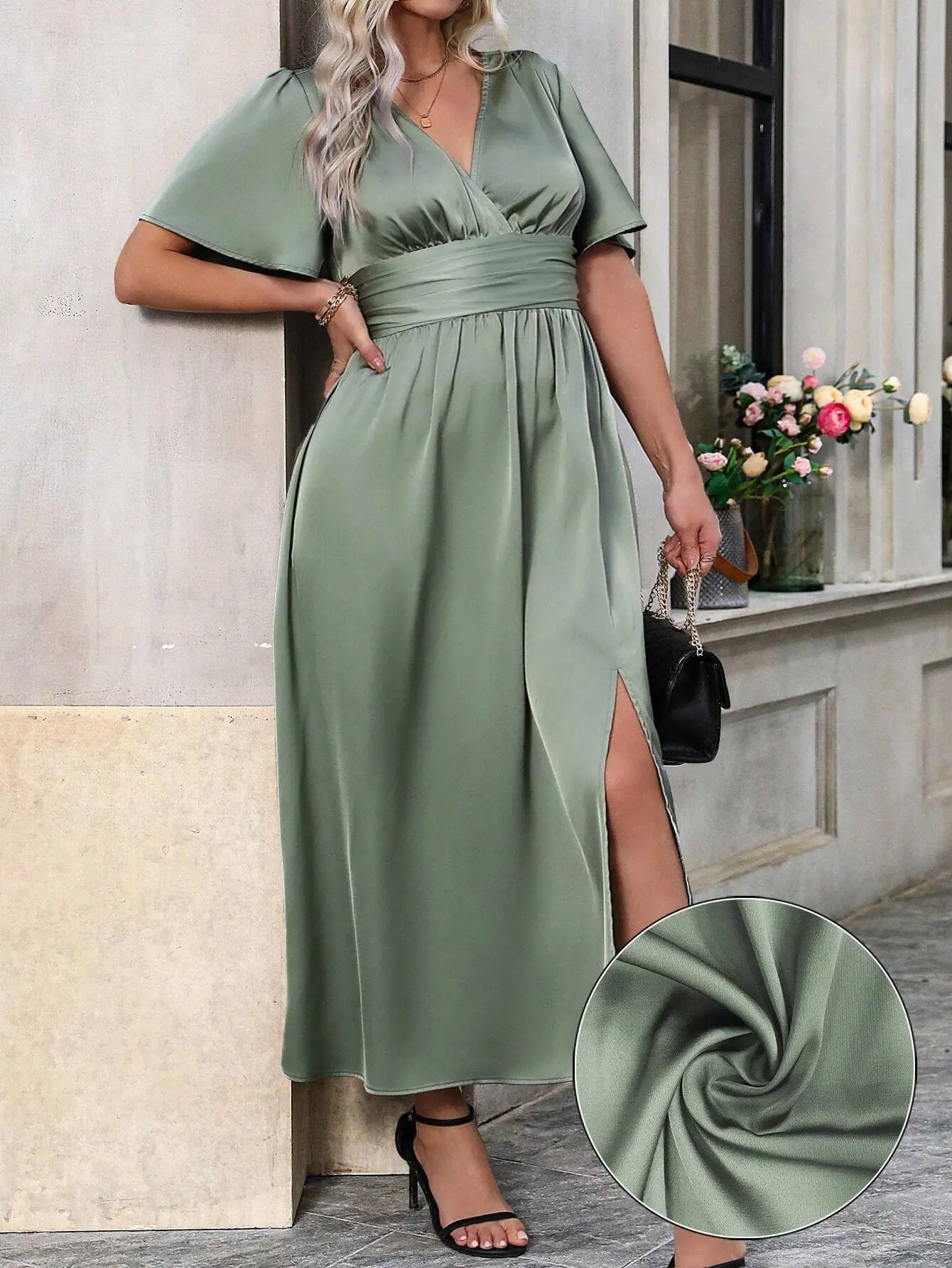 

Летнее женское платье больших размеров с V-образным вырезом, рюшами, короткими рукавами, плиссированной талией и боковым разрезом, однотонное, элегантное, длинное