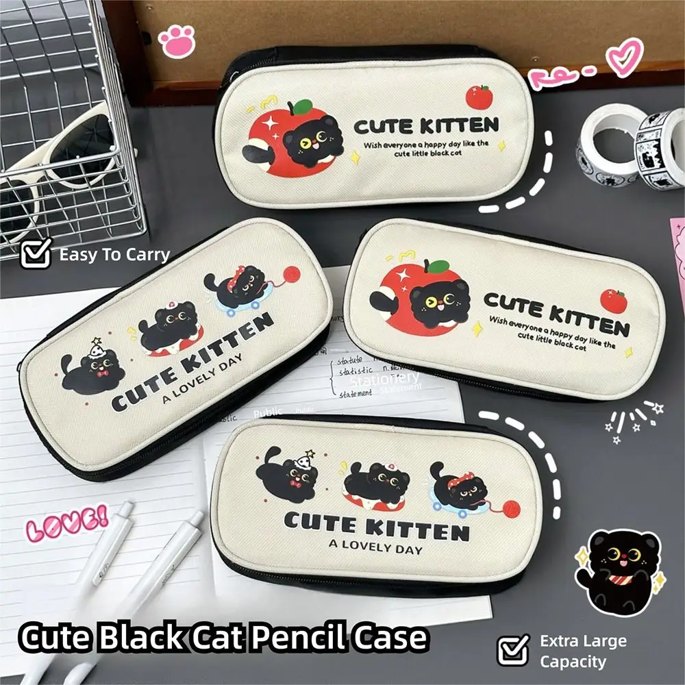 Nuova borsa per penne con motivo gatto nero, design ad ampia apertura, astuccio per matite di grande capacità, borsa per cancelleria per studenti