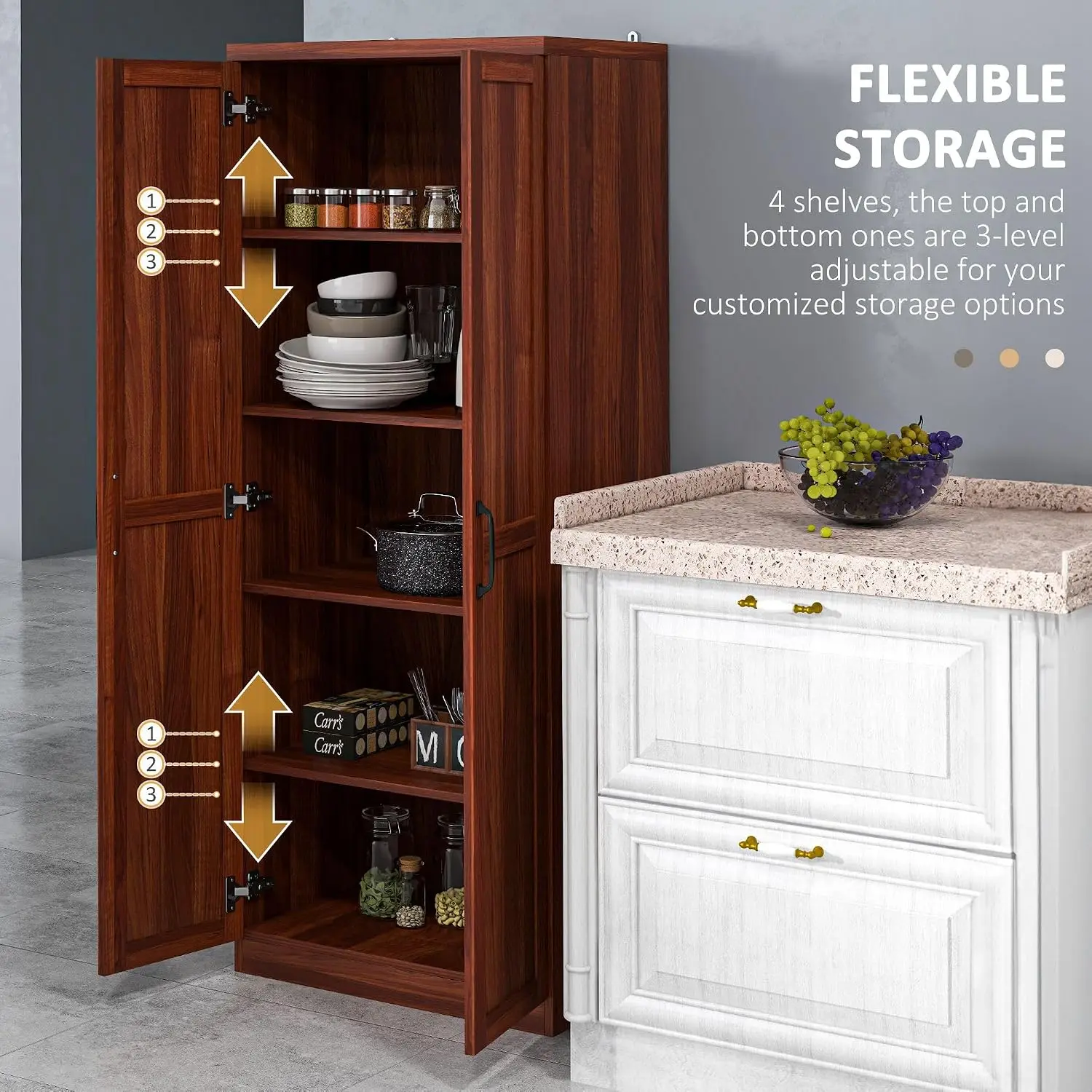 63 Inch Kitchen Pantry Cabinet with Doors, Adjustable Shelves, Teak Wood Storage Cupboard for Kitchen, Dining Room, Bathroom