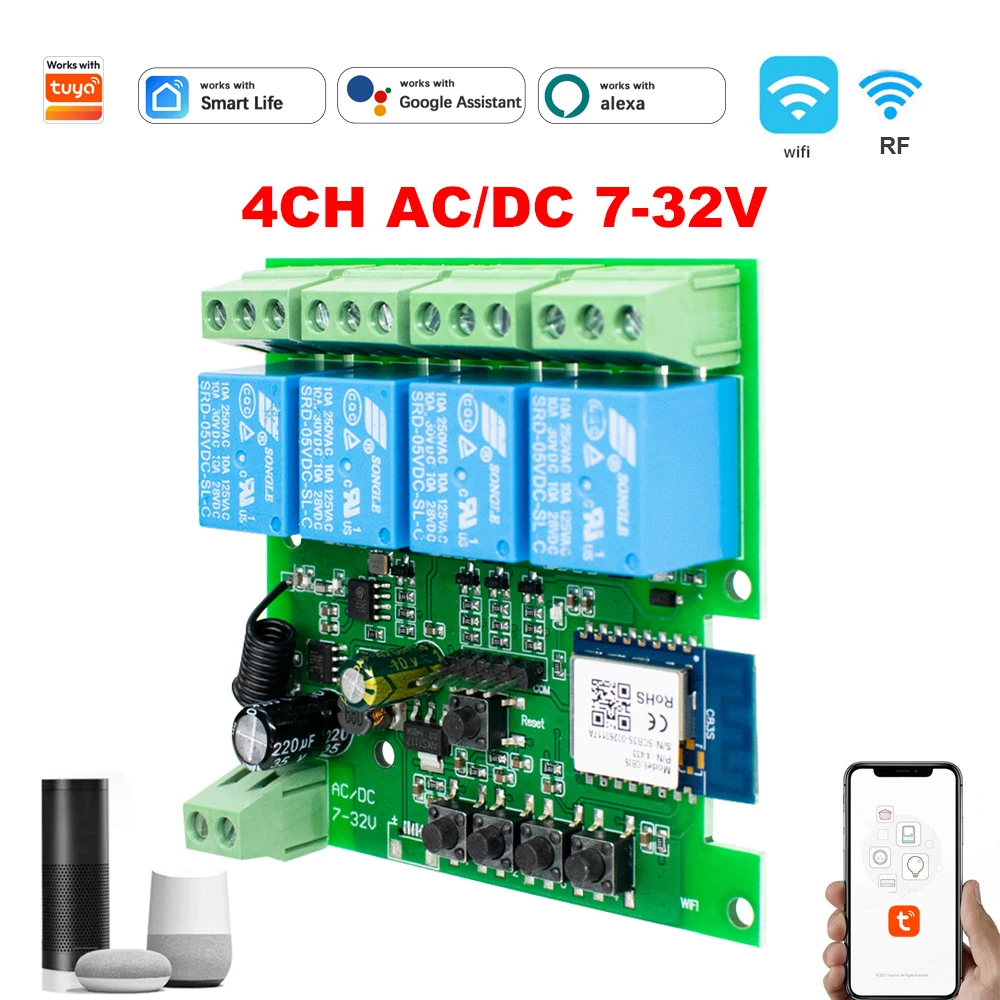 4-Kanal WLAN-Relais-Controller 12V 24V 220V RF 433 APP Fernbedienung Smart Home Automation Relais Alexa Google Home für Tuya