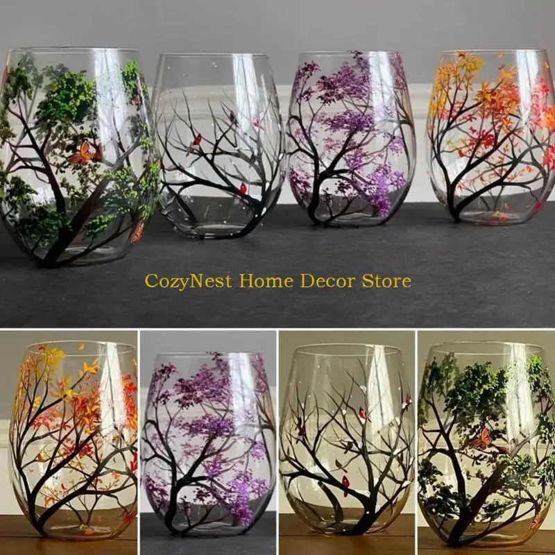 92MF Handmade Painted Glass Wine Glasses Four Seasons Tree Goblet Gift for Friend